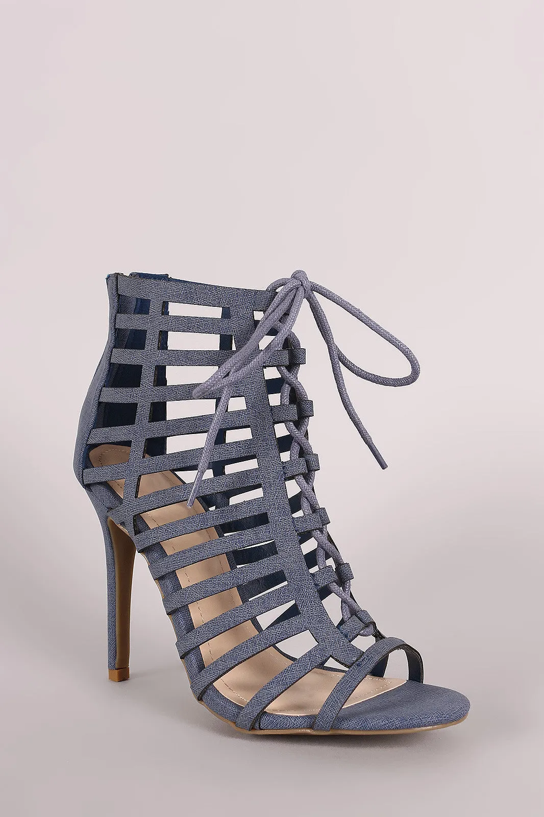 Anne Michelle Nubuck Caged Lace Up Stiletto Heel