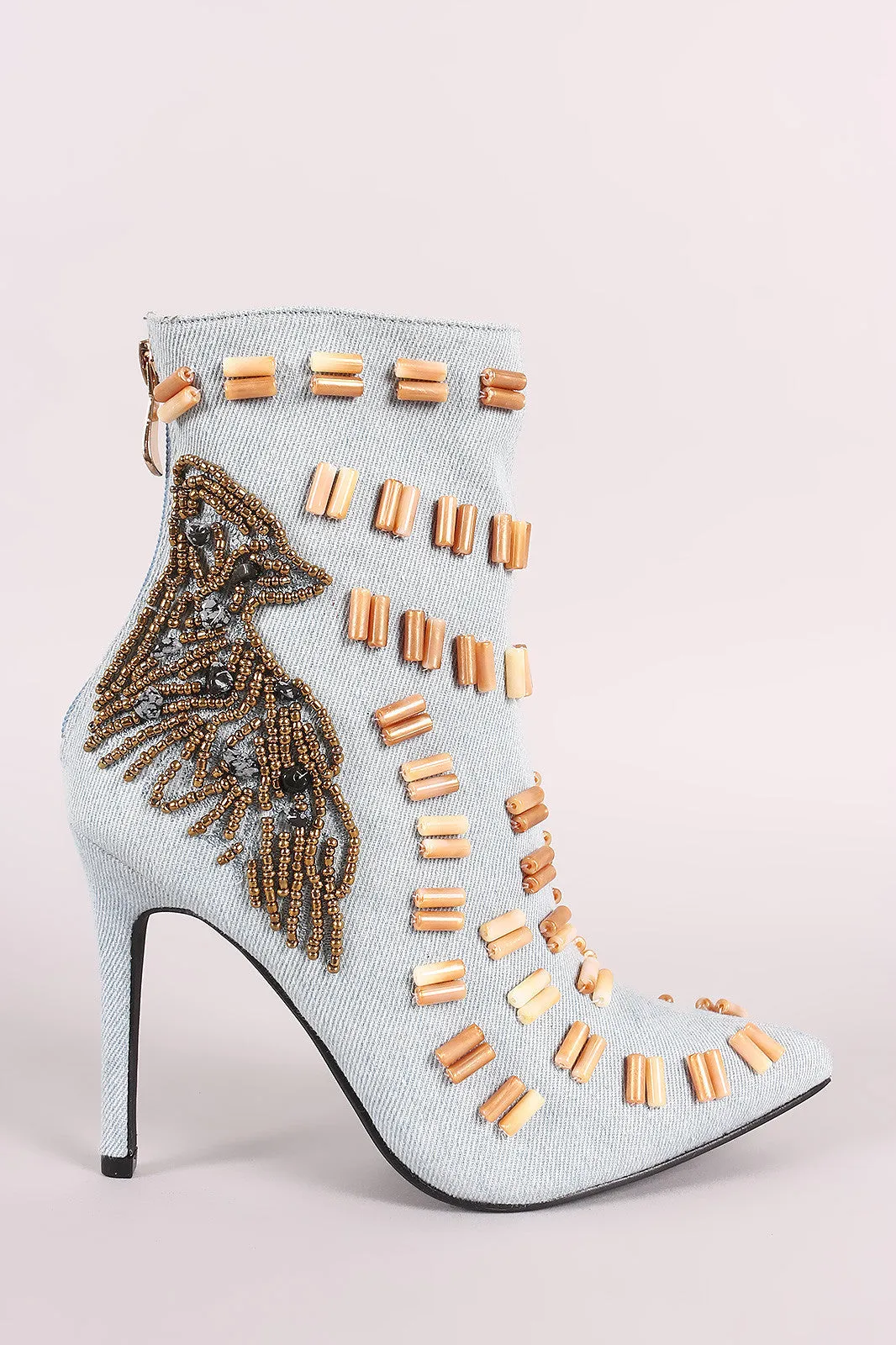 Beads Embellished Stiletto Denim Ankle Boots