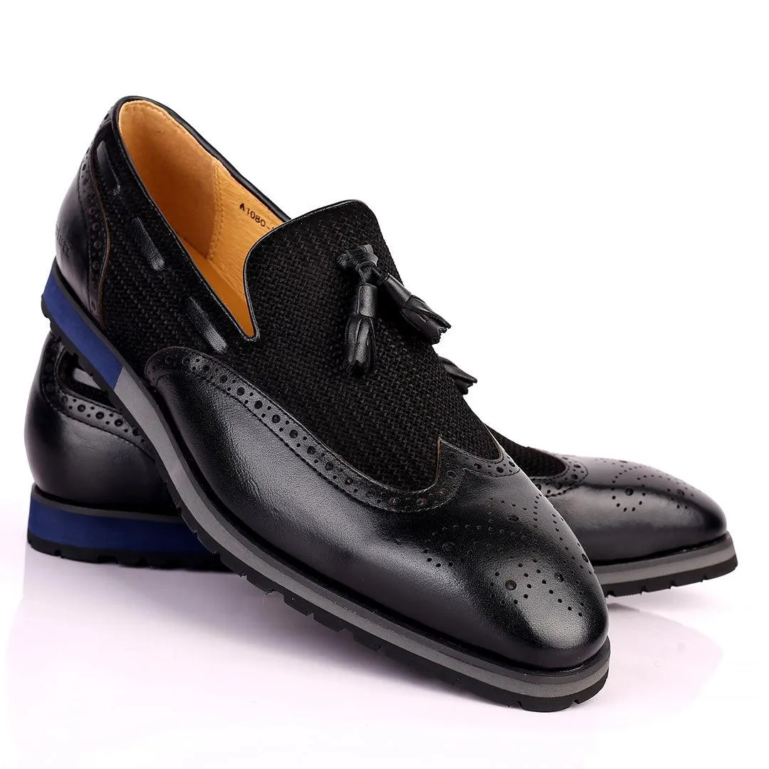 Berlut Brogue And Tassel Designed Black Leather Shoe