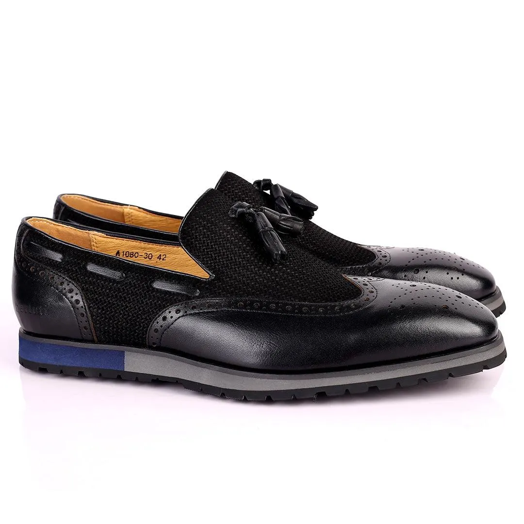 Berlut Brogue And Tassel Designed Black Leather Shoe