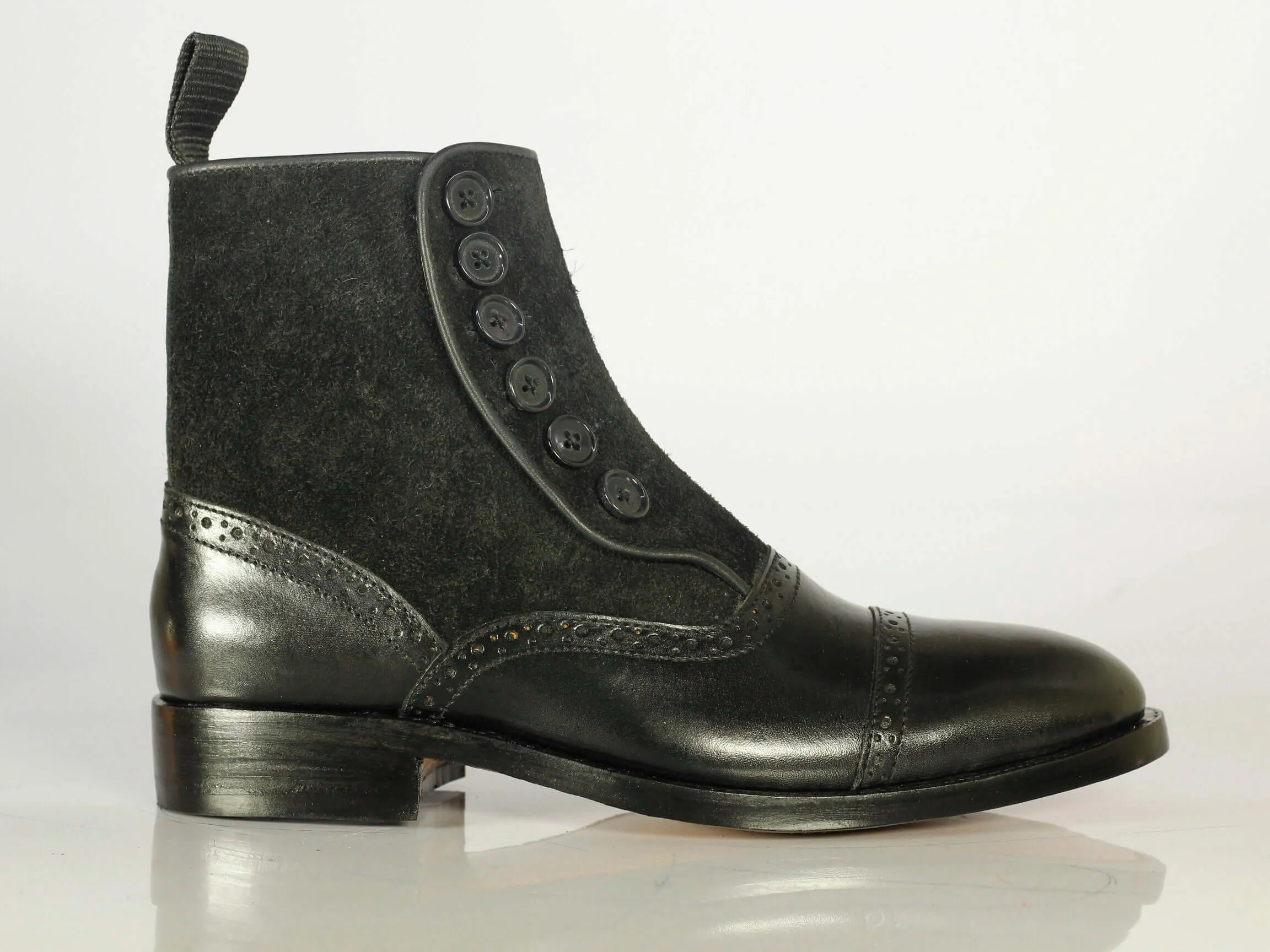 Bespoke Black Leather Suede Ankle High Button Top Boots