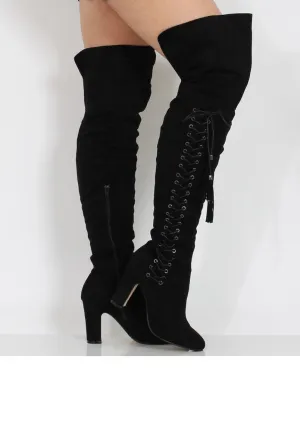 Black Suede Over the Knee Lace Up Detail Boots - Alora