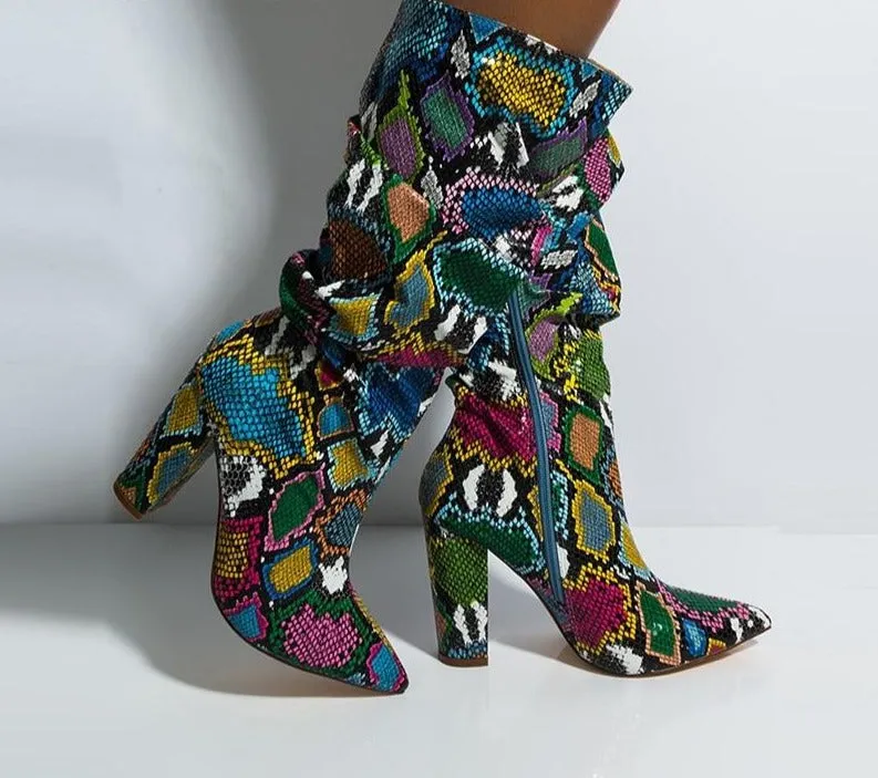 Colorful Snake Skin High Heel Thick Pointed Toe Zip Pleated Boots