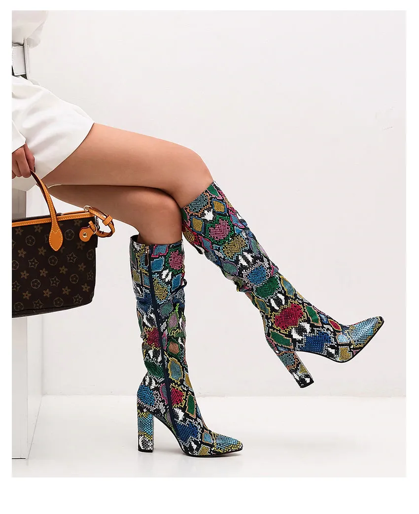 Colorful Snake Skin High Heel Thick Pointed Toe Zip Pleated Boots