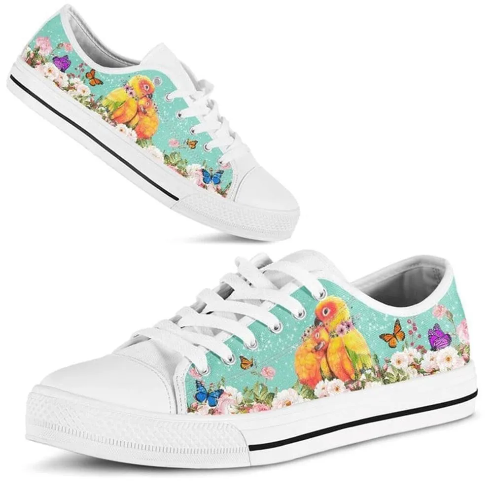 Cute Couple Parrot Love Flower Watercolor Low Top Shoes, Animal Print Canvas Shoes, Print On Canvas Shoes