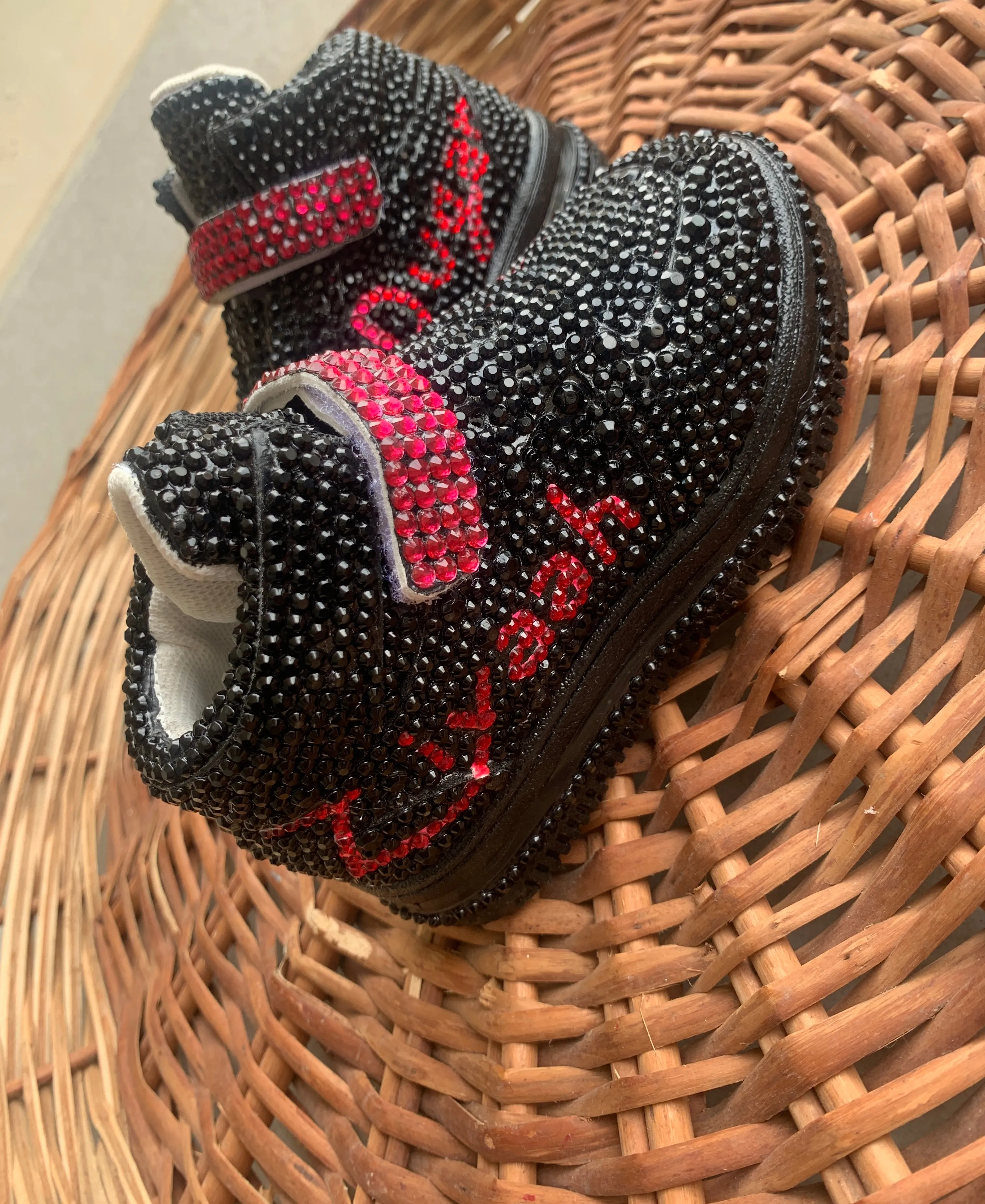 Funky N Trendy black and red rhinestone sneakers with custom name detailing/kids sneakers/ rhinestone shoes / kids shoes/ black sneakers /black shoes for kids/handmade sneakers for kids