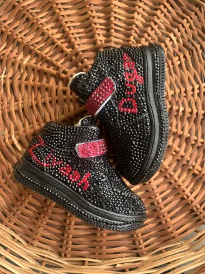 Funky N Trendy black and red rhinestone sneakers with custom name detailing/kids sneakers/ rhinestone shoes / kids shoes/ black sneakers /black shoes for kids/handmade sneakers for kids