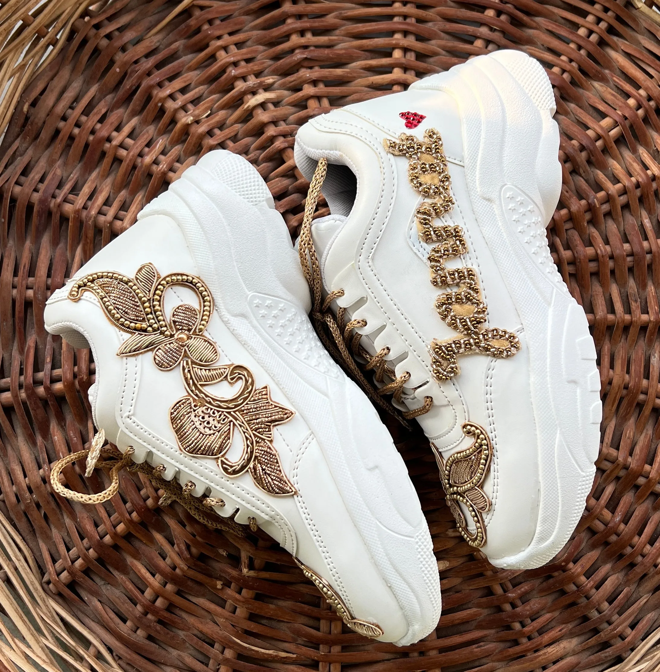 Funky N Trendy hand embroidered “Name” with cutdana work /bridal sneakers/ sneaker for bride / golden sneakers/ golden sneakers for bride / custom name on shoes