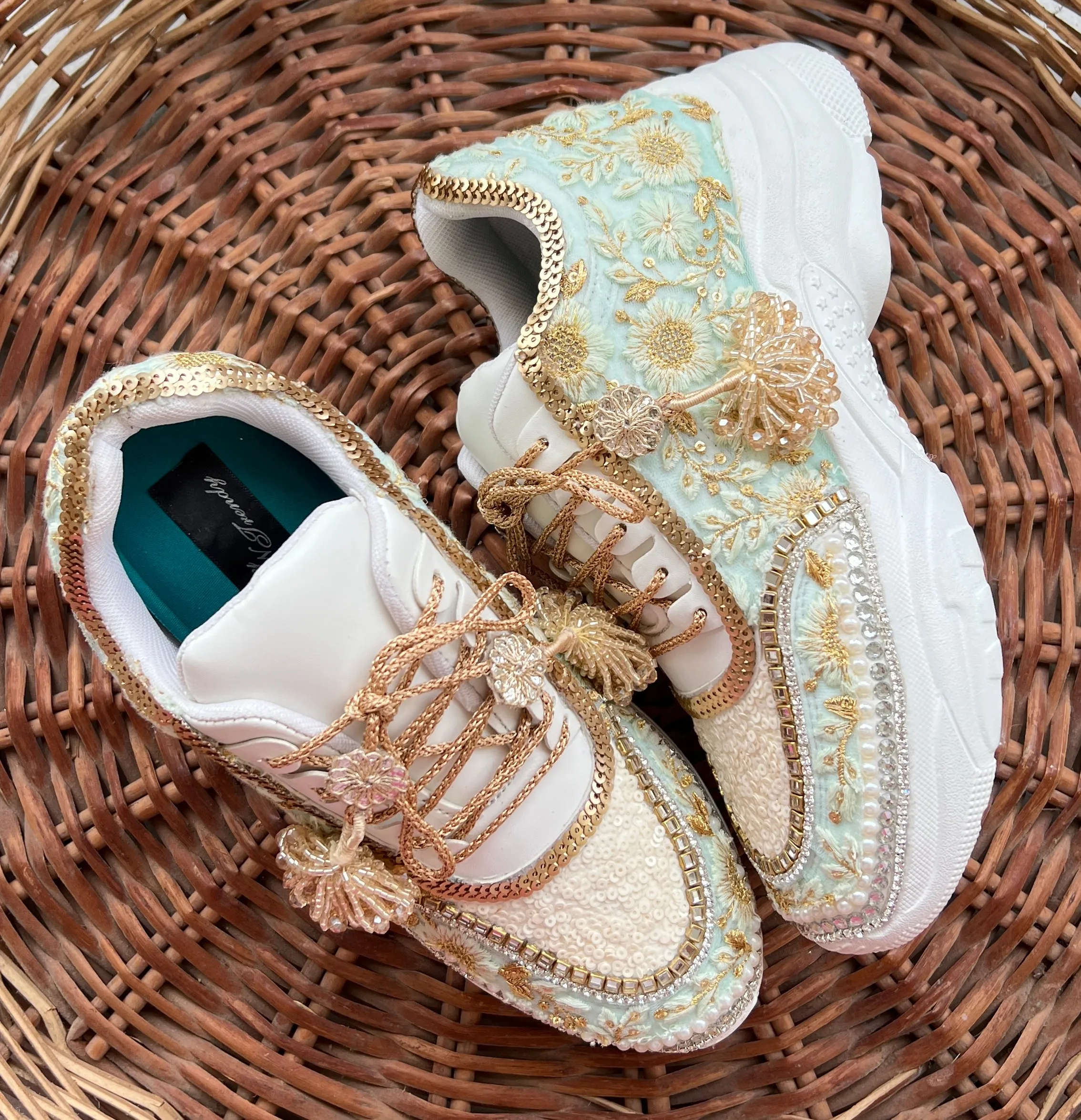 Funky N Trendy mint/ off white / ivory embroidery work bridal sneakers/ bridesmaid sneaker / hancrafted sneakers / gold sneakers / golden sneakers/ green sneakers