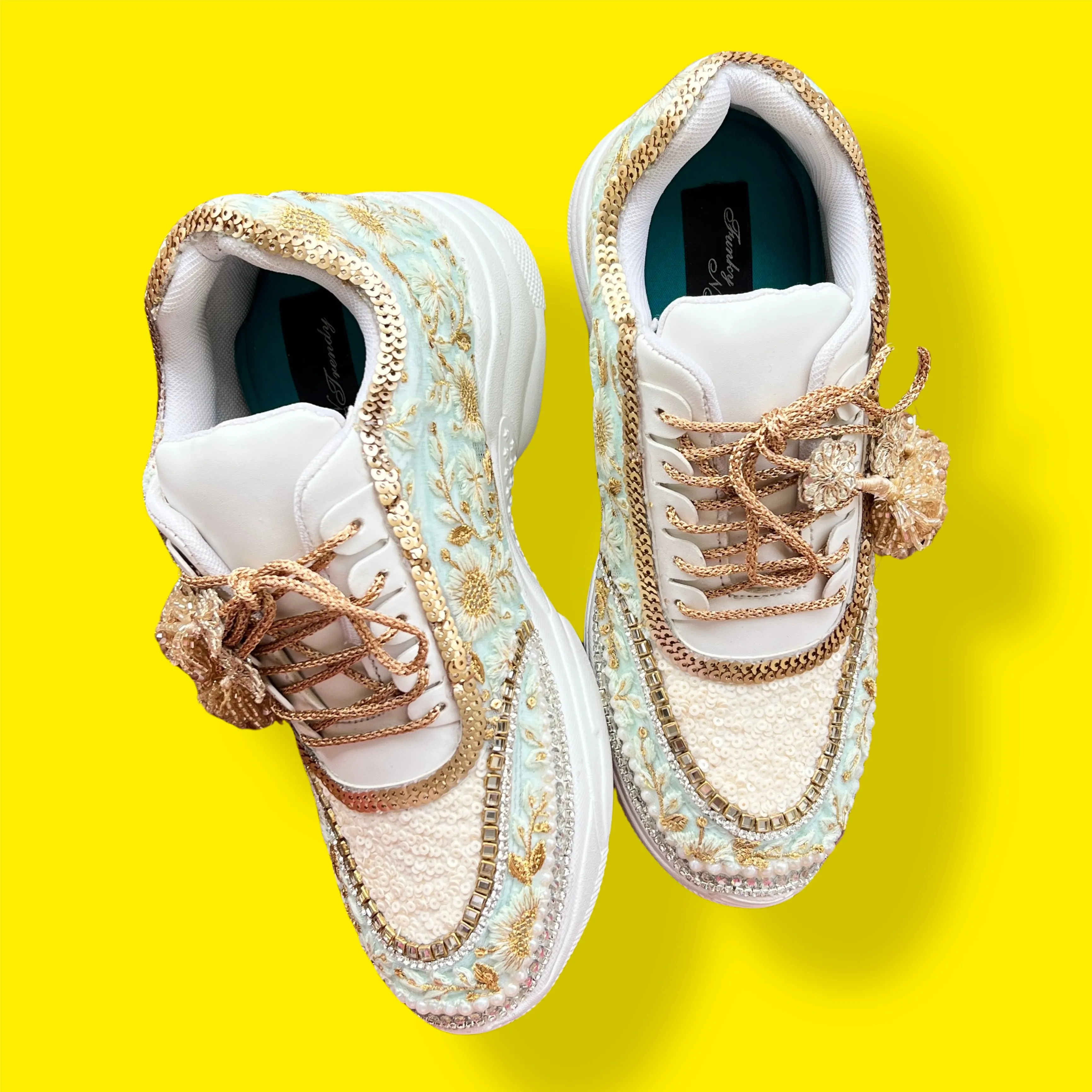 Funky N Trendy mint/ off white / ivory embroidery work bridal sneakers/ bridesmaid sneaker / hancrafted sneakers / gold sneakers / golden sneakers/ green sneakers