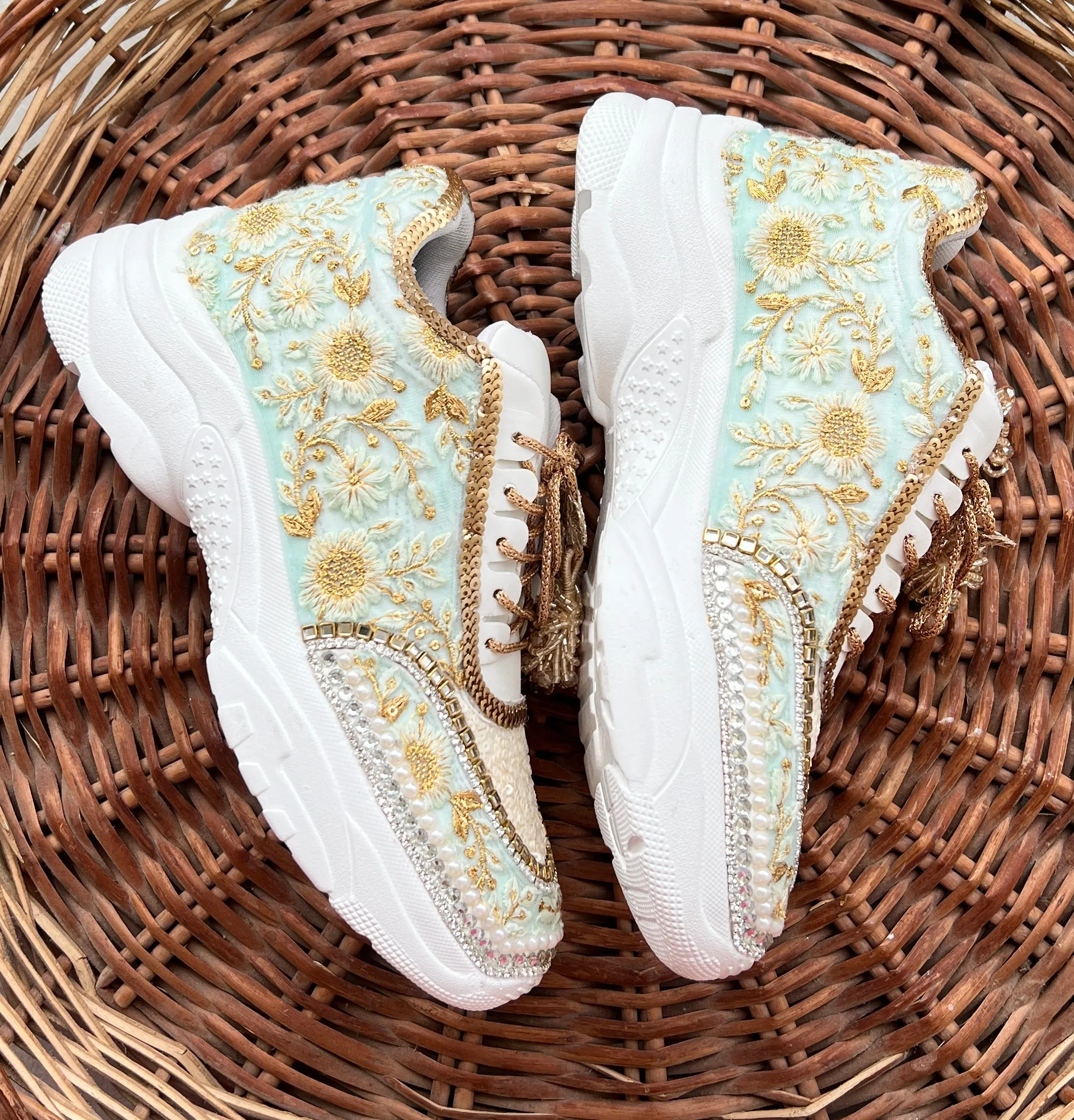 Funky N Trendy mint/ off white / ivory embroidery work bridal sneakers/ bridesmaid sneaker / hancrafted sneakers / gold sneakers / golden sneakers/ green sneakers