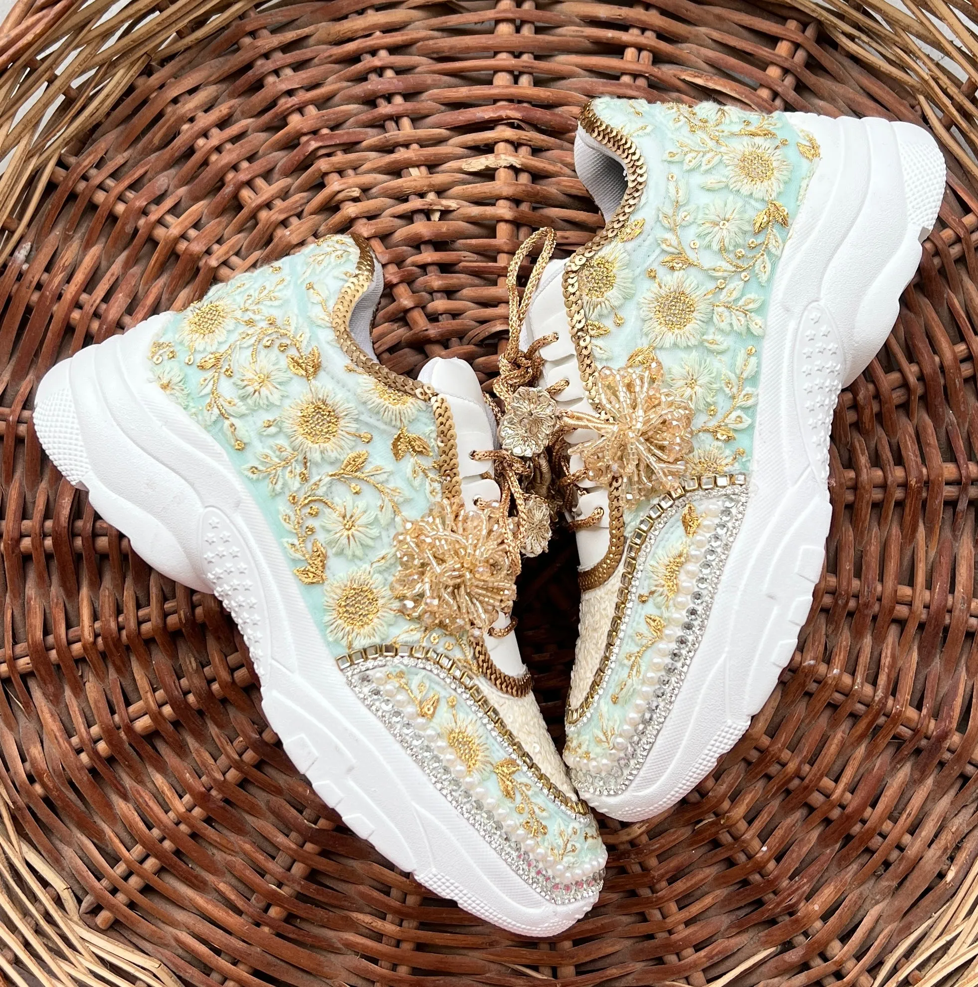 Funky N Trendy mint/ off white / ivory embroidery work bridal sneakers/ bridesmaid sneaker / hancrafted sneakers / gold sneakers / golden sneakers/ green sneakers