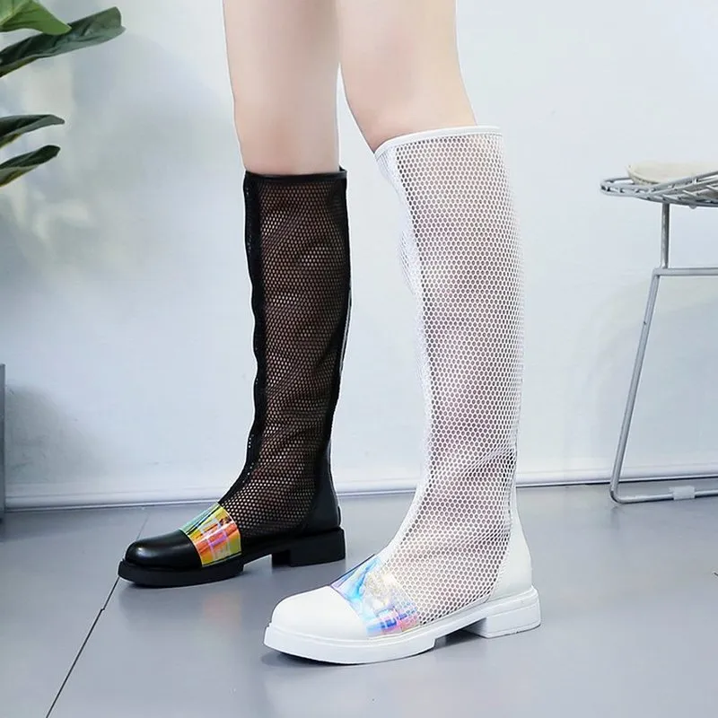 Knee High Boots Women's Sandals Shoes Sequins Hollow Out Summer Boots Low Heel Motorcycle Boots