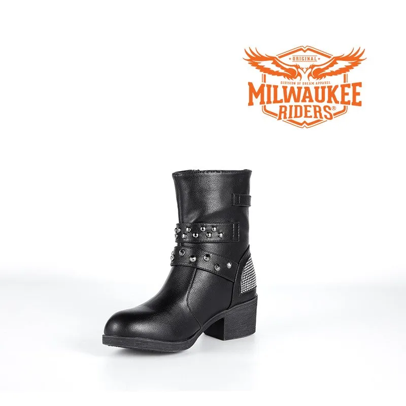 Ladies Zippered Black Multi-Studded Buckle Boots By Milwaukee Riders®