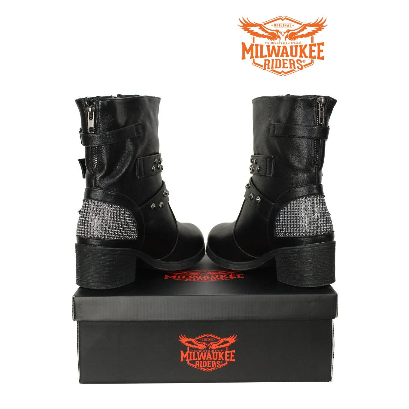 Ladies Zippered Black Multi-Studded Buckle Boots By Milwaukee Riders®