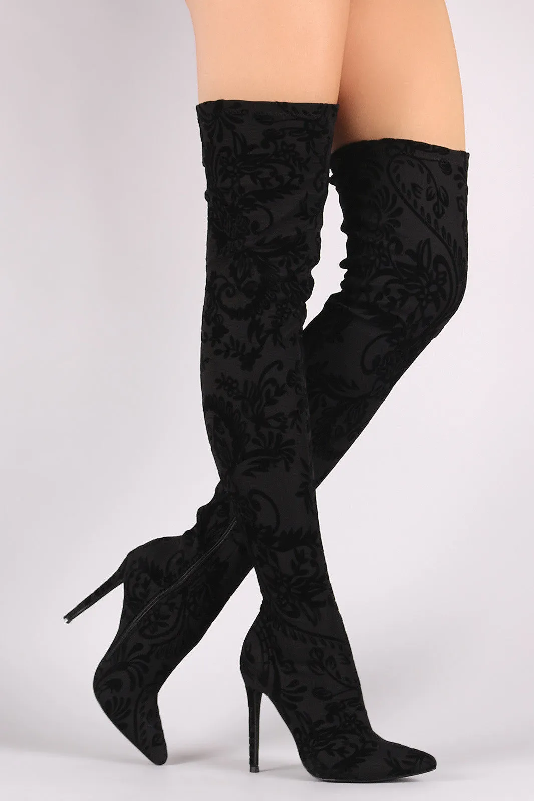 Liliana Fleur De Lis Burnout Velvet Stiletto Over-The-Knee Boots