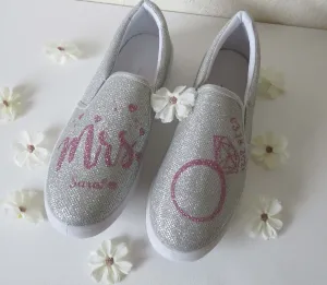 Mrs wedding Silver slip onShoes,   Personalized Women's Shoes, Ladies Canvas Ten