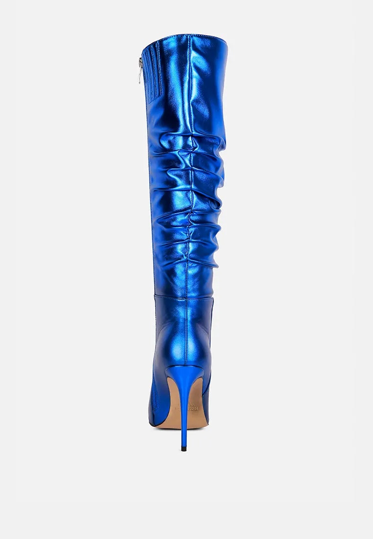 NEW-EXPRESSION Blue Metallic Ruched Stiletto Knee Boots