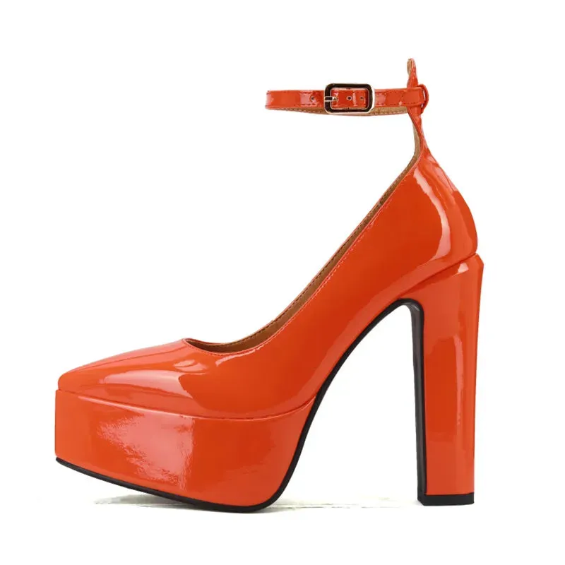 Pre Order:  Ankle Strap Thick Heel Patent Platform Shoes