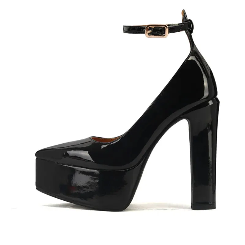 Pre Order:  Ankle Strap Thick Heel Patent Platform Shoes