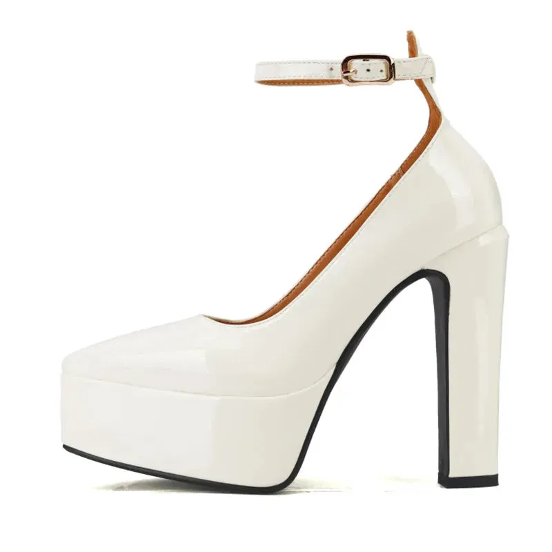 Pre Order:  Ankle Strap Thick Heel Patent Platform Shoes