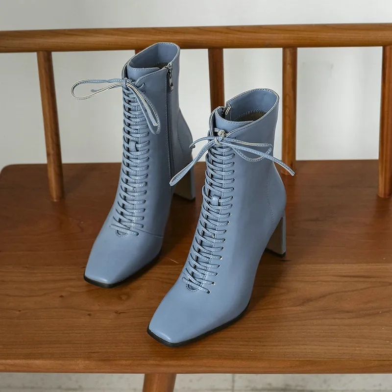 Pre Order:  Square Head Cross Strap Ankle Boots