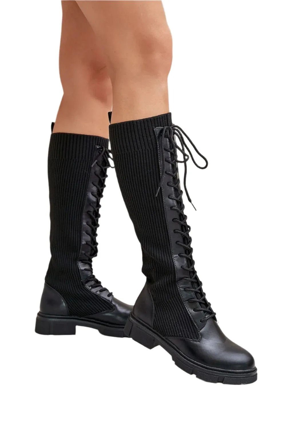 TEEK - Long Laced Mixed Media Covered Calf Boots