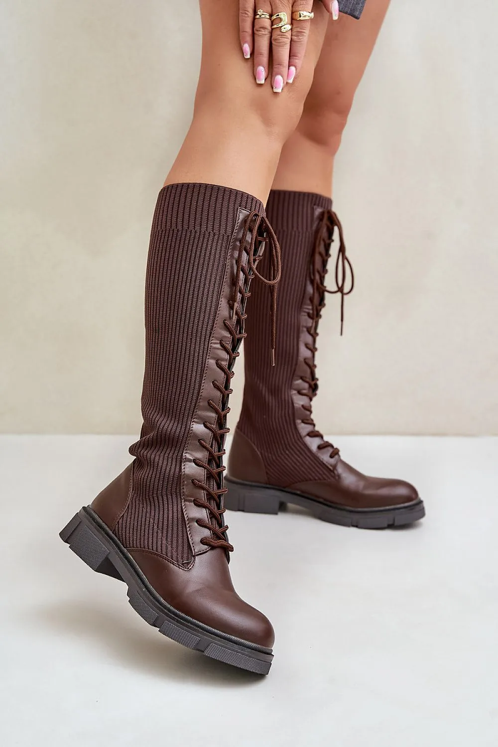 TEEK - Long Laced Mixed Media Covered Calf Boots