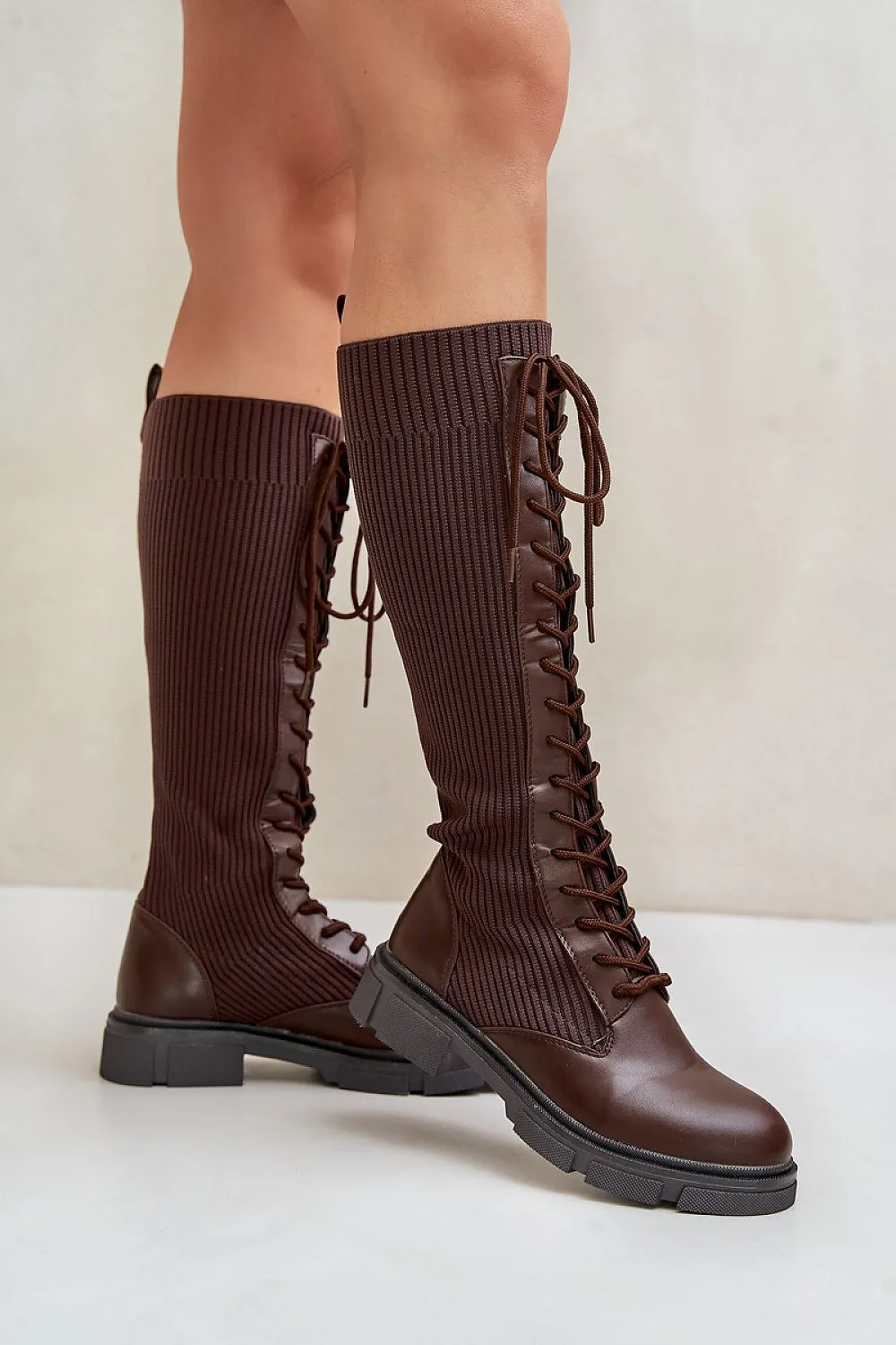 TEEK - Long Laced Mixed Media Covered Calf Boots