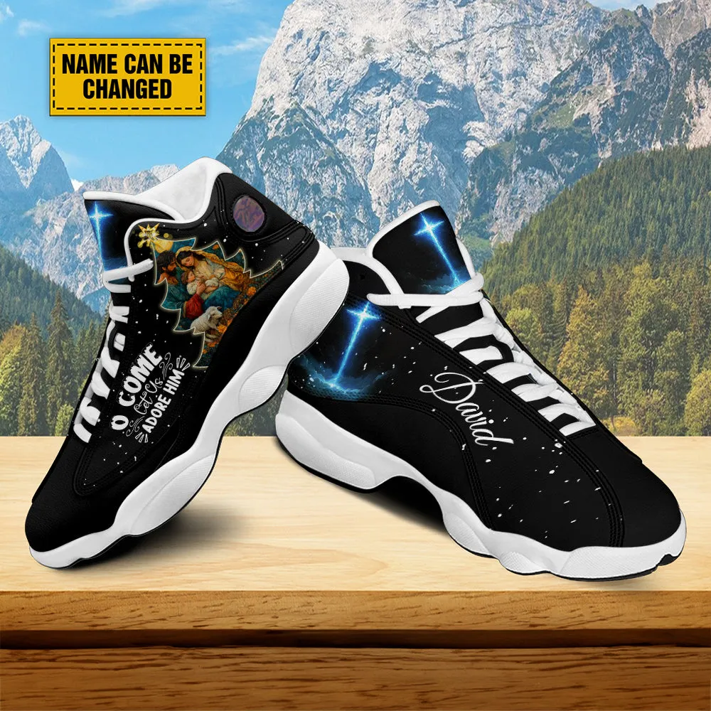 Teesdily | Customized Nativity Of Jesus Basketball Shoes, O Come Let Us Adore Him Holy Night Running Shoes, Faith Christmas Gift