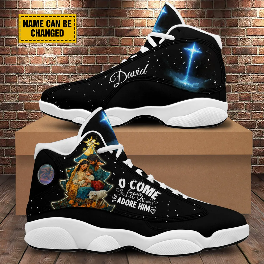 Teesdily | Customized Nativity Of Jesus Basketball Shoes, O Come Let Us Adore Him Holy Night Running Shoes, Faith Christmas Gift