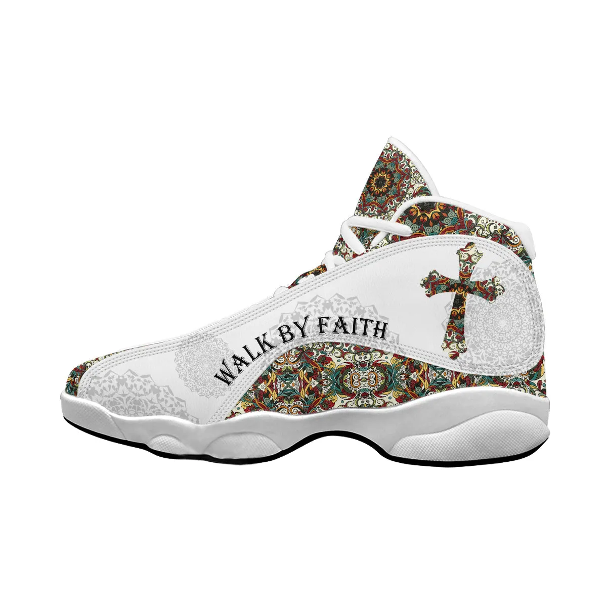 Teesdily | Walk By Faith Boho Design Flower Style Basketball Shoes, God Lover Religious Gifts Shoes With Thick Soles, Xmas Gift