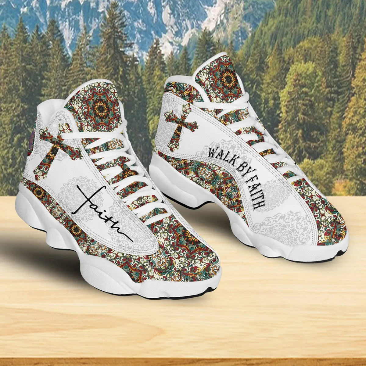 Teesdily | Walk By Faith Boho Design Flower Style Basketball Shoes, God Lover Religious Gifts Shoes With Thick Soles, Xmas Gift