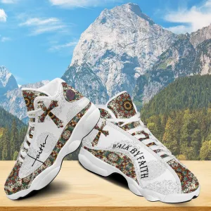 Teesdily | Walk By Faith Boho Design Flower Style Basketball Shoes, God Lover Religious Gifts Shoes With Thick Soles, Xmas Gift