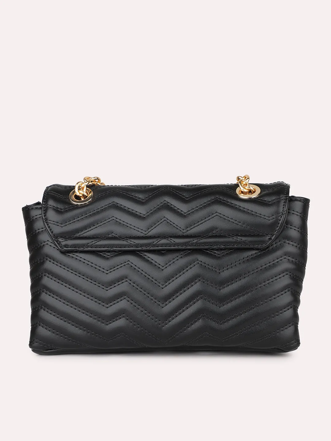 Textu Black Structured Chain Sling Bag With Quilted Detailing