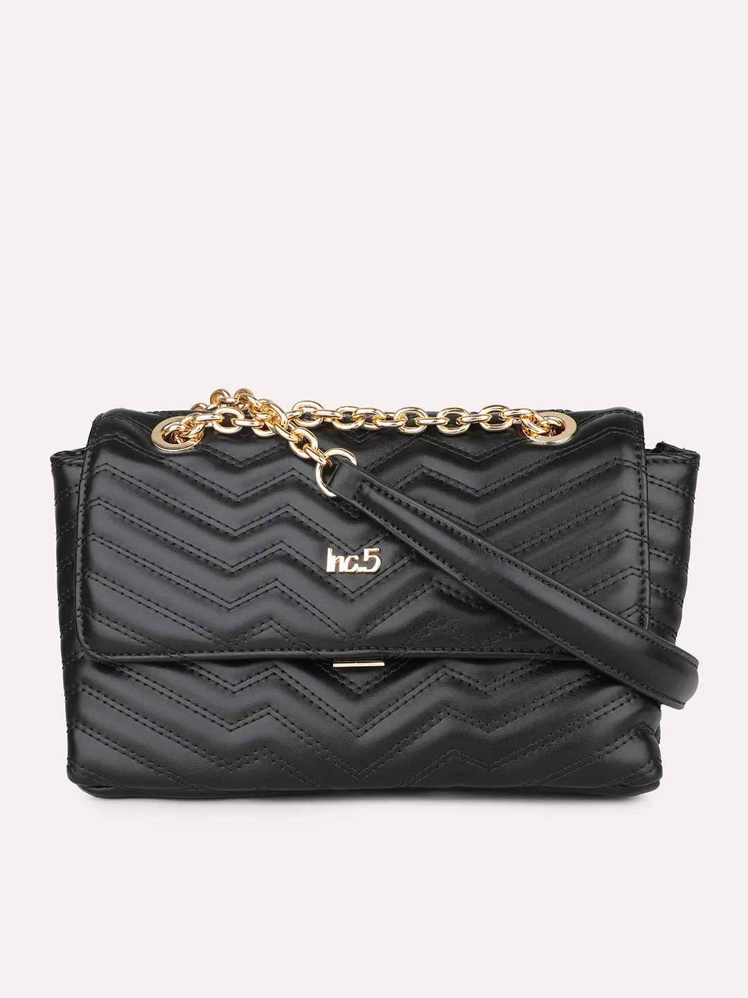 Textu Black Structured Chain Sling Bag With Quilted Detailing