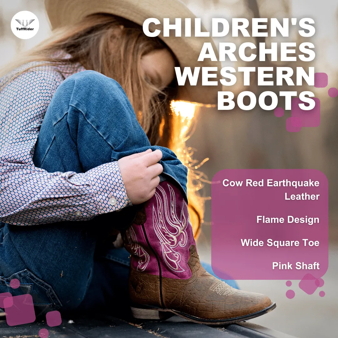 TuffRider Youth Arches Flame Embroidered Pink Shaft Square Toe Western Boots