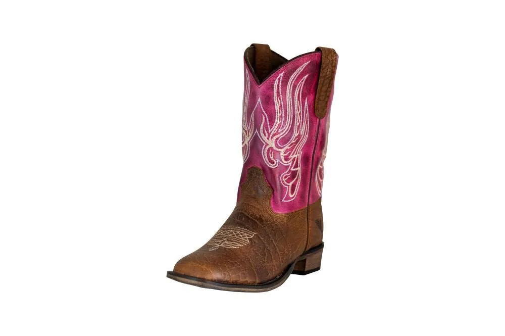 TuffRider Youth Arches Flame Embroidered Pink Shaft Square Toe Western Boots