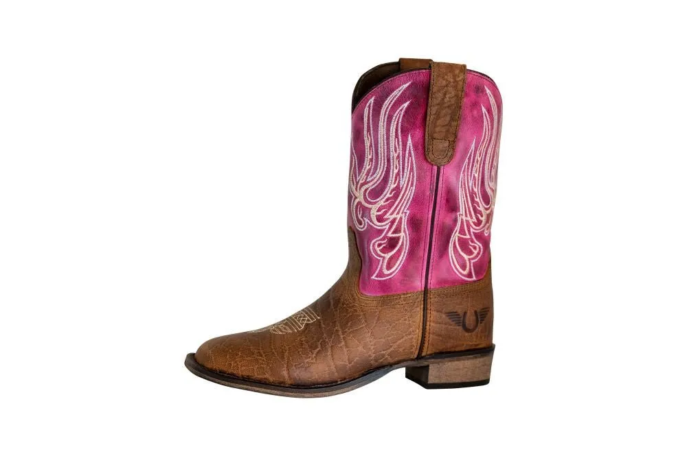 TuffRider Youth Arches Flame Embroidered Pink Shaft Square Toe Western Boots