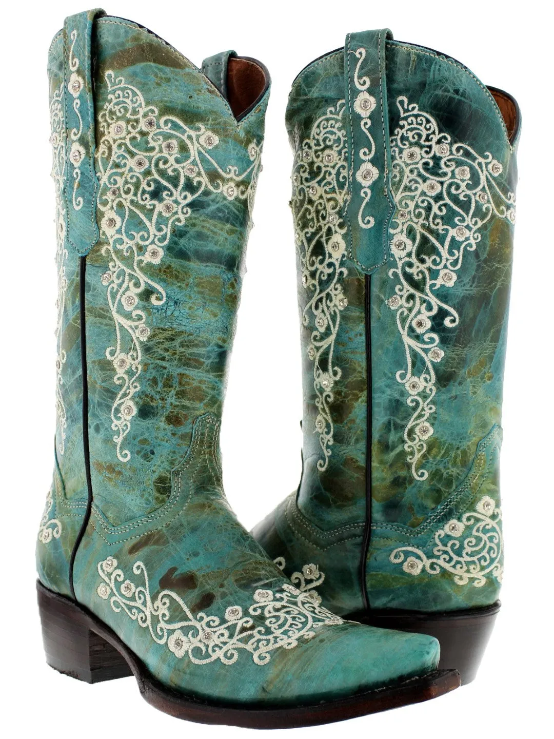 Womens Stella Turquoise Leather Cowboy Boots - Snip Toe